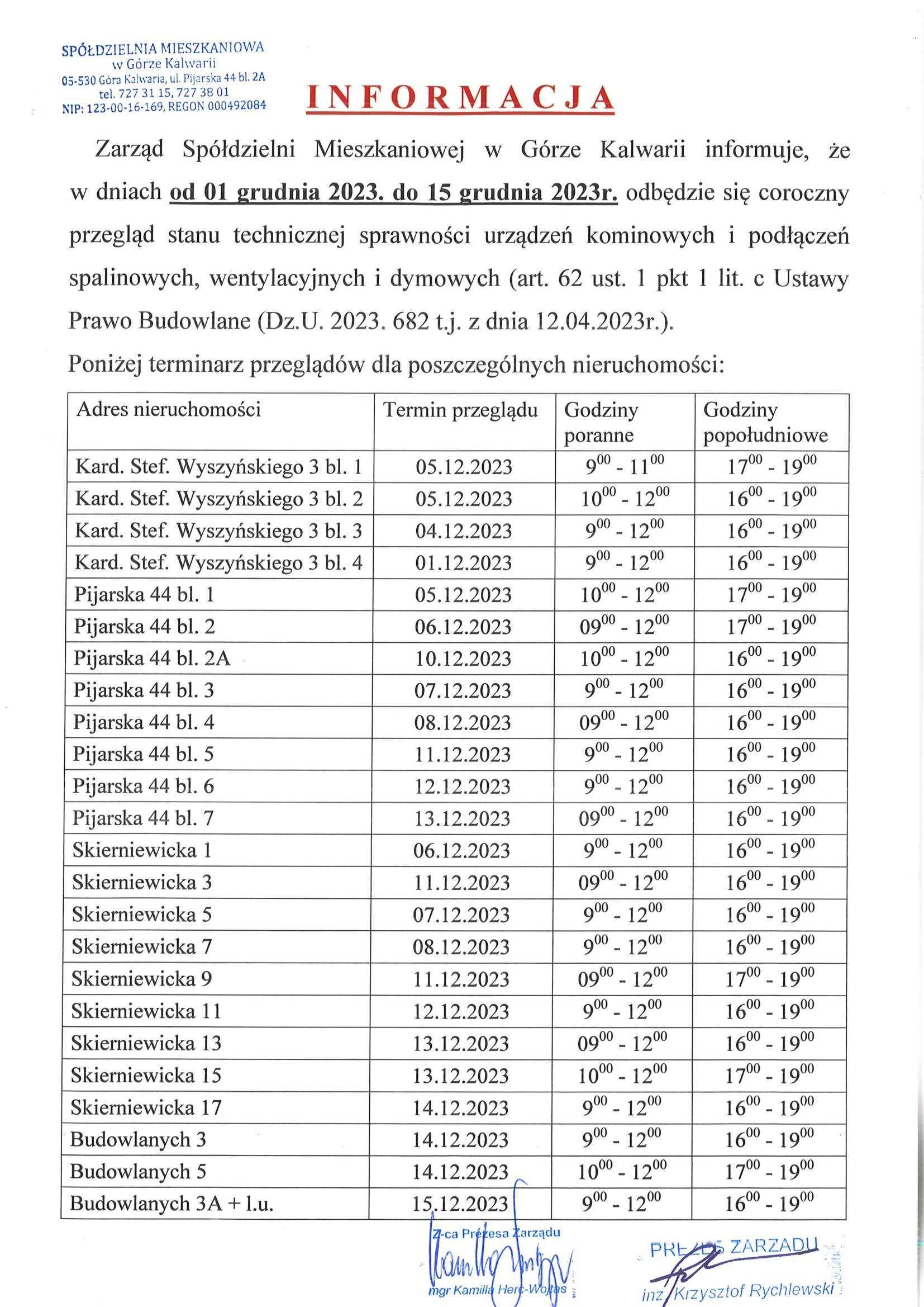 Harmonogram przeglądu kominiarskiego 2023